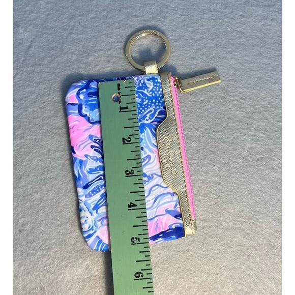 Lilly Pulitzer Zip ID Case Coin Pouch Card Holder Keychain Pink Blue Floral - Picture 8 of 8